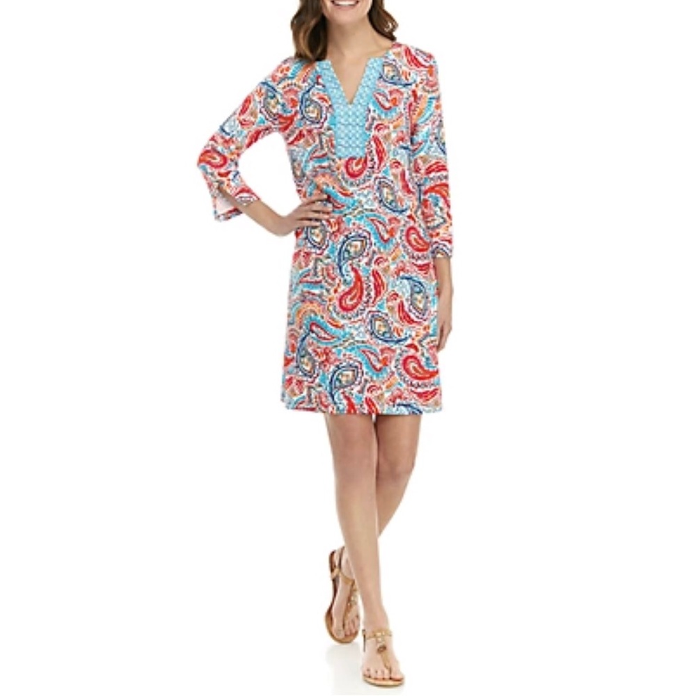 Crown & Ivy Petite XL Dress 3/4 Sleeve Split Front V-Neck Stretch Vibrant Print